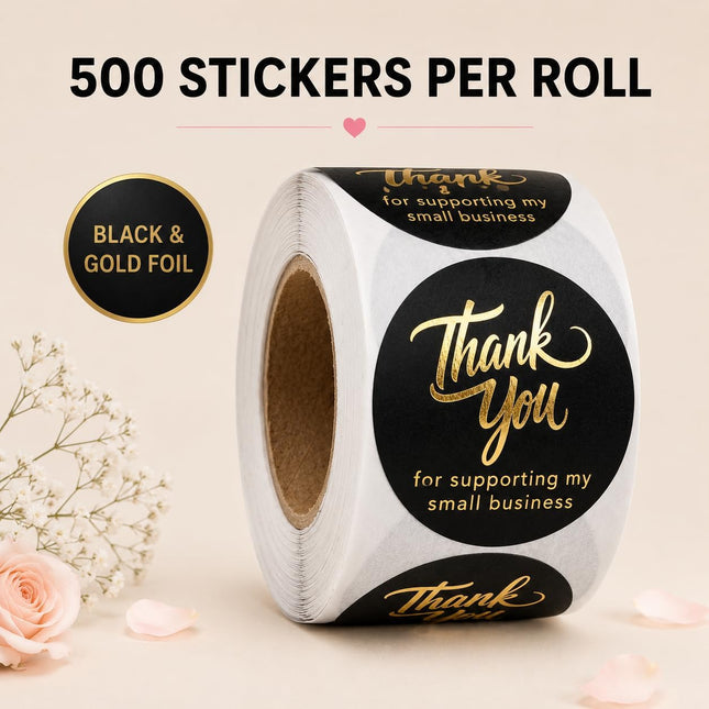 Thank You Stickers, 2 Inch, 500 Pcs, Black & Gold Black Gold 2 Inch