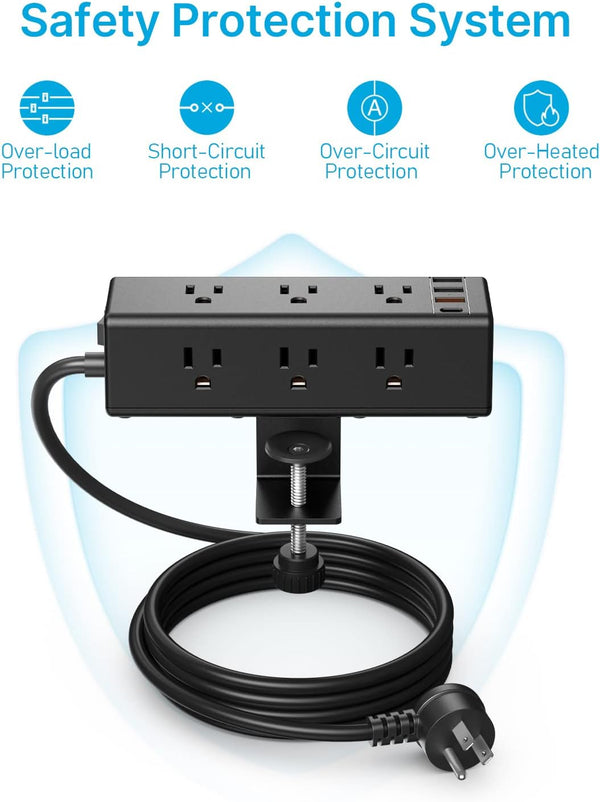 CCCEI Desk Clamp Power Strip with 9 Outlets, Desktop Edge Mount Surge Protector with USB-A and USB-C Ports, Widely Spaced Desk Outlet Fast