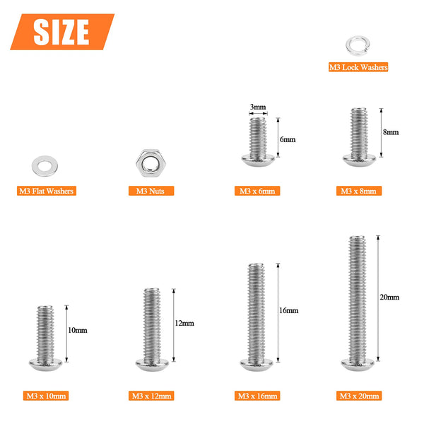 HELIFOUNER 500 Pieces M3 x 6mm /8mm /10mm /12mm /16mm /20mm, Hex Button Head Cap Metric Screws Bolts Washers Nuts Kit, 304 Stainless Steel