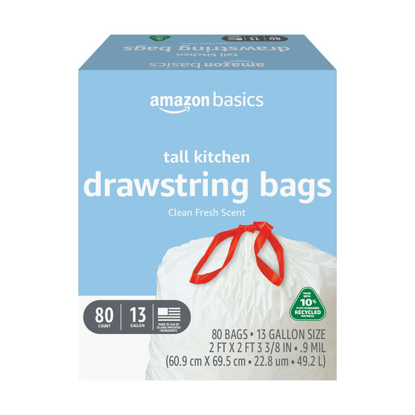 Amazon Basics 13 Gallon Tall Kitchen Drawstring Trash Bags, Clean Fresh Scent, 10% Post Consumer Recycled Material, 80 Count White 1 Count (Pack