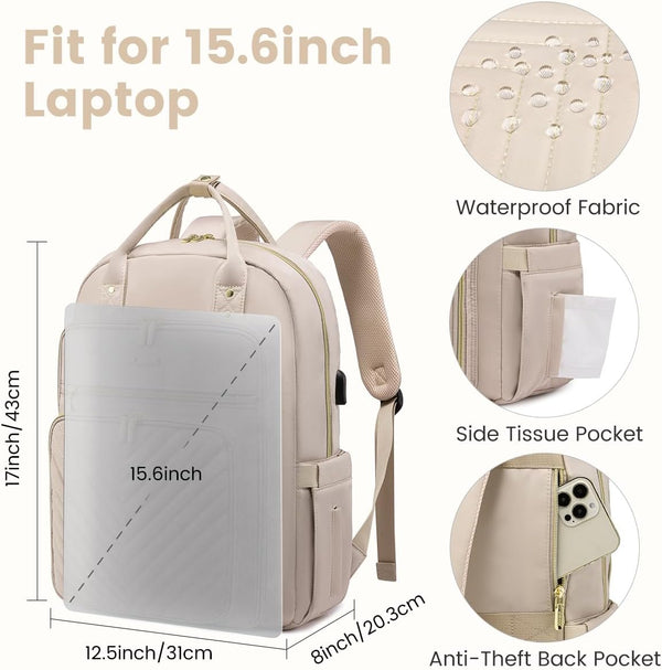 LOVEVOOK Laptop Backpack Women Teacher Backpack,15.6 Inch Laptop Bag with USB Port,Waterproof Daypack for Work Travel Antiquewhite