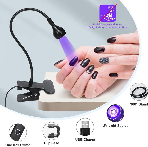 UV Nail Lamp - UV Light for Gel Nails, Flash Cure Lamp, LED Gooseneck Flash Cure Lamp for Nails, Manicure Dryer Black Light with Clamp, 365+395nm