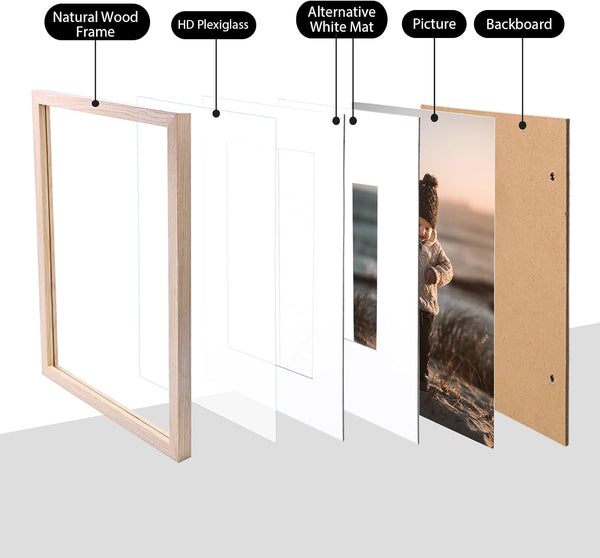 KINLINK 8x10 Picture Frame Natural, Solid Wood Frames with Acrylic Plexiglass for Pictures 4x6/5x7 with Mat or 8x10 without Mat, Tabletop and Wall