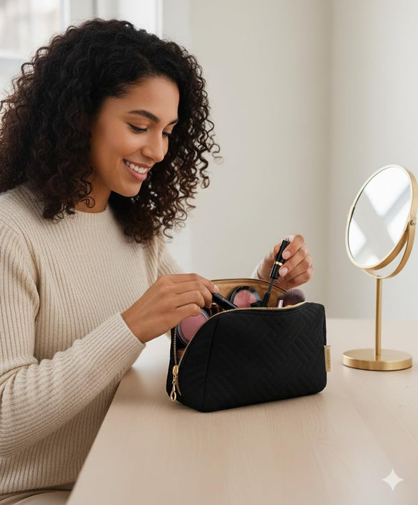 BAGSMART Small Makeup Bag, Compact Cosmetic Pouch for Women for Purse, Travel Toiletry Organizer with Wide Open Design, Black 01-Black