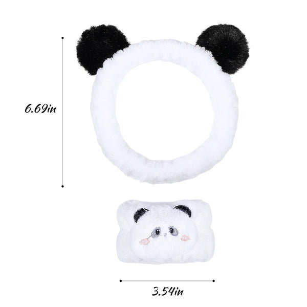 Pom Pom Panda Ears Plush Wash Face Headband Spa Wrist Band Cuffs Hair Scrunchy Women Girls Facial Makeup Skincare Bath Head Wrap Kids Costume