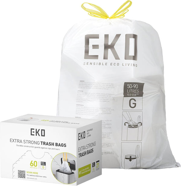 EKO 21 Gallon / 50-90 Liter, 60 Count Drawstring Trash Bags, Extra-Strong Unscented Garbage Bags, Easy-Dispense Roll for Kitchen & Household Use,
