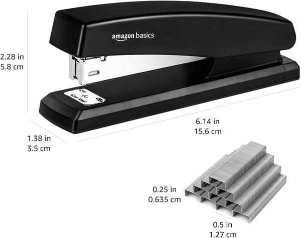 Amazon Basics Office Stapler with 1000 Staples, 25 Sheet Capacity, Non-Slip, Black, Home Office 1-Pack Stapler and 1000 Staples