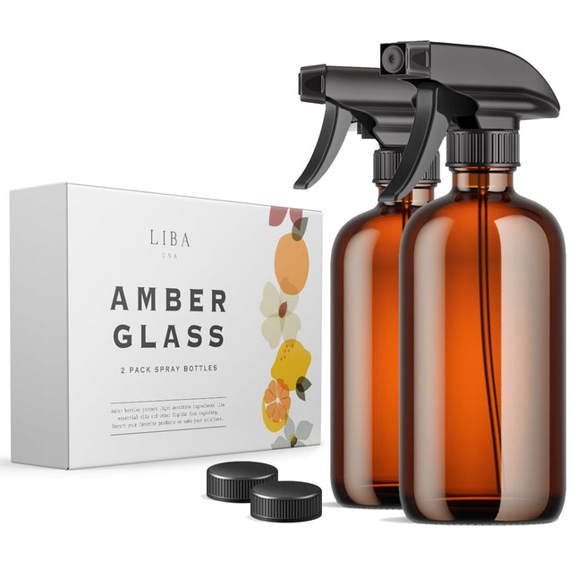 Liba Amber Glass Spray Bottles 2 Pack, 16 Oz Refillable Empty Spray Bottle for C