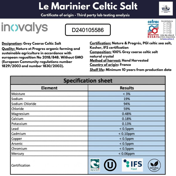 Le Marinier Celtic Salt Organic Grey Coarse, 1.1lb - 18oz. Mineral Rich 100% Natural and Unrefined French Sea Salt Organic. Hand Harvested Mineral