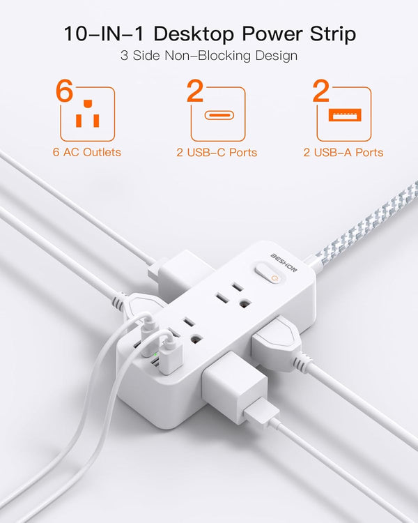 Power Strip Surge Protector, BESHON 5Ft Extension Cord, 6 Outlets with 3 USB Ports(1 USB C Outlet), 3-Side Outlet Extender, Wall Mount, Compact
