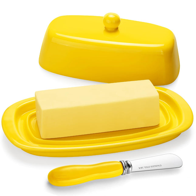 Yedio Ceramic Butter Dish with Lid for Countertop Refrigerator, 8 Inch Butter Holder with Porcelain Cover Knob Handle fo