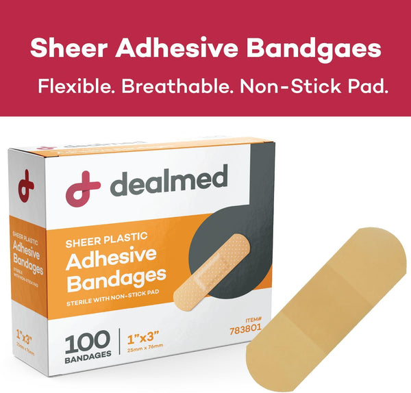 Dealmed Sheer Plastic Flexible Adhesive Bandages – 100 Count (2 Pack) Bandages with Non-Stick Pad, Latex Free, Wound Care for First Aid Kit, 1" x