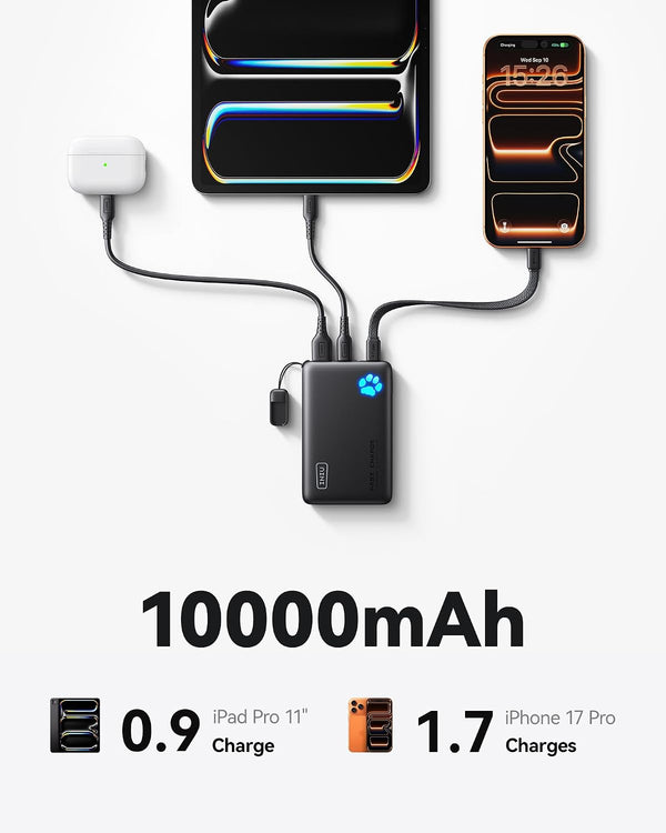 INIU 45W Fast Charging Portable Charger, 40% Smaller 10000mAh with Detachable Cable, Flight-Safe Travel Power Bank, USB C External Phone Battery