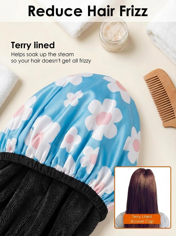 Aquior Shower Cap,Extra Large Triple Layer Bathing Cap with Dry Hair Function for Women Microfiber Terry Cloth Silky Satin 100% Waterproof
