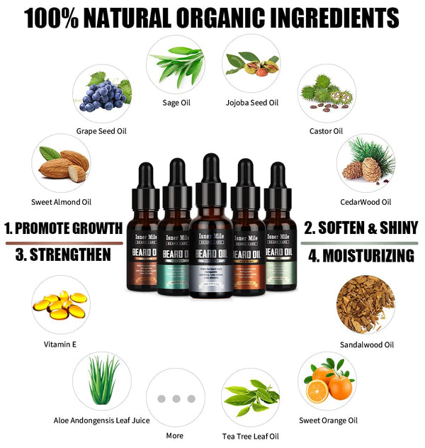 ISNER MILE 5 Pack Beard Oil Set Leave in Conditioner, Cedarwood Sandalwood Sage Sweet Orange, Mustaches Soften Moisturizing, Valentines Gifts for