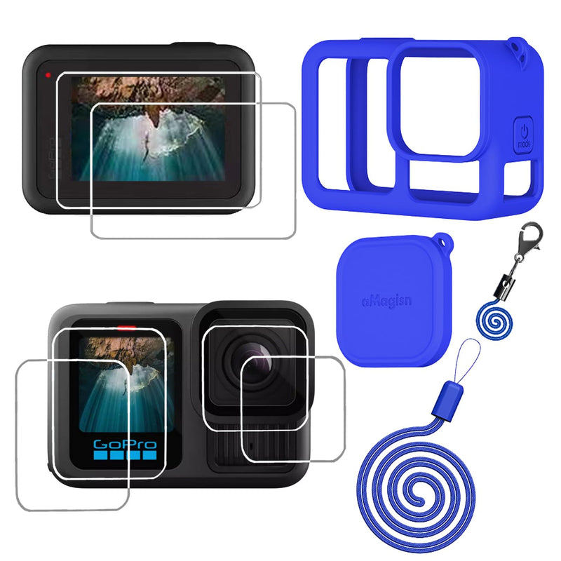Hero13 Black Silicone Protective Case Bag Screen Protector for GoPro Hero13, Glass Screen Protector Soft Rubber Cover (Blue)