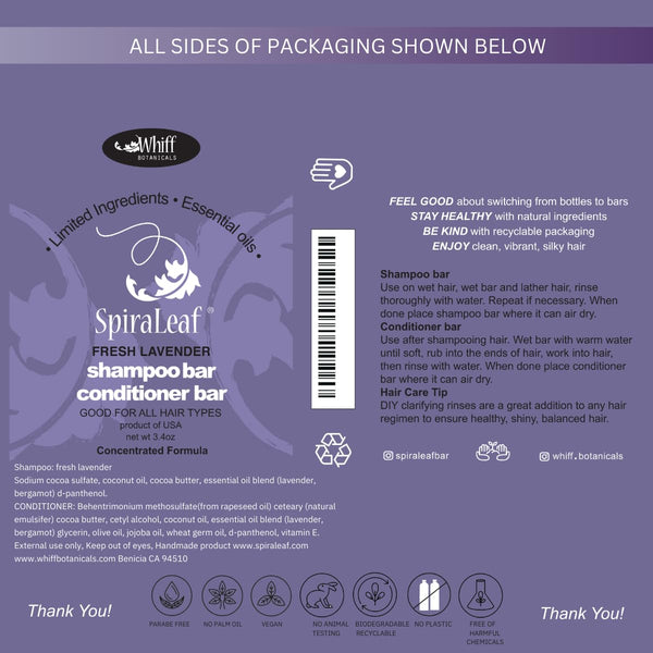 Spiraleaf Shampoo Bar & Conditioner Bar Set, FRESH LAVENDER Pure Essential Oils, Light Scent, Limited Ingredients, Concentrated Formula, Made USA,