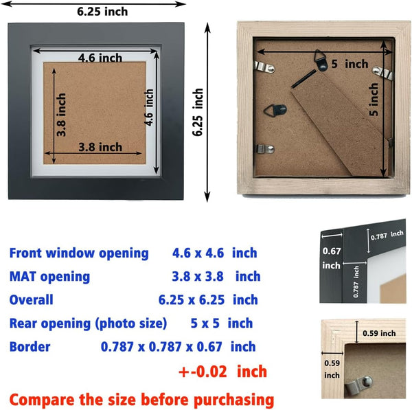 5x5 Wooden Picture Frames with 4x4 Opening Mat. Black Square Solid Wood | Includes 4x4 Mat.Black Finish.Fit 4x4 and 5x5 Pictures.Tabletop & Wall