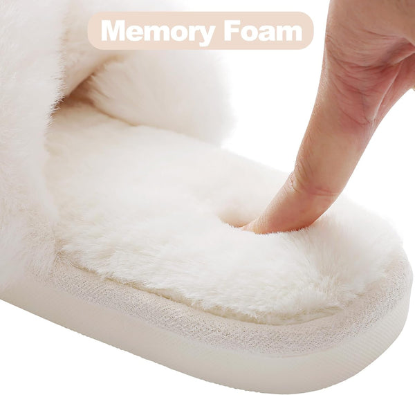 Evshine Memory Foam Fuzzy House Slippers for Women | Faux Fur Cross Band Open Toe Indoor Slippers, Gifts for Women, Moms and Bridesmaids 8 White