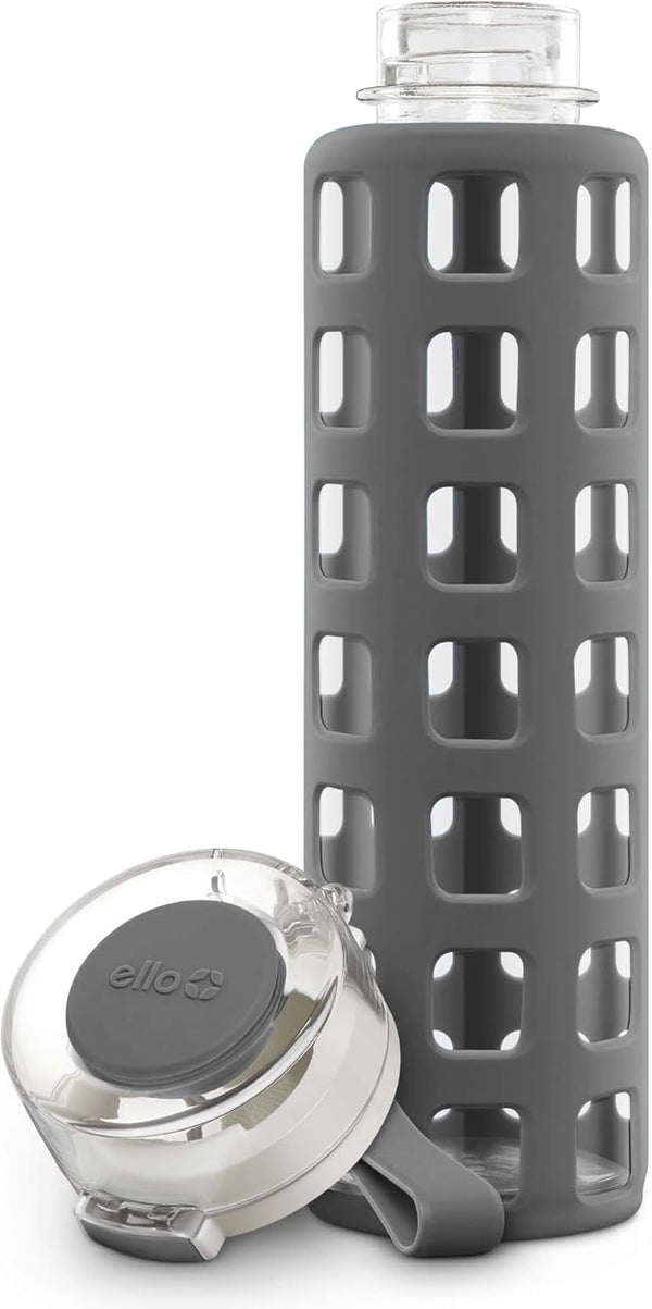 Ello Syndicate 20Oz Reusable Glass Water Bottle with One-Touch Leak Proof Flip Lid and Protective Non-Slip Silicone Sleeve and Carry Loop for