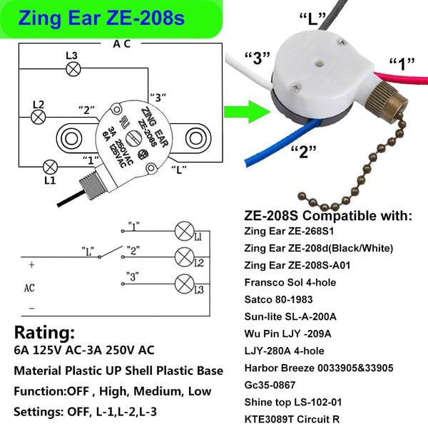 Ceiling Fan Switch Zing Ear Ze-208S E89885 3 Speed 4 Wire Pull Chain Switch with 4 Pre-Installed Wires Replacement Part for Hunter, Hampton Bay,