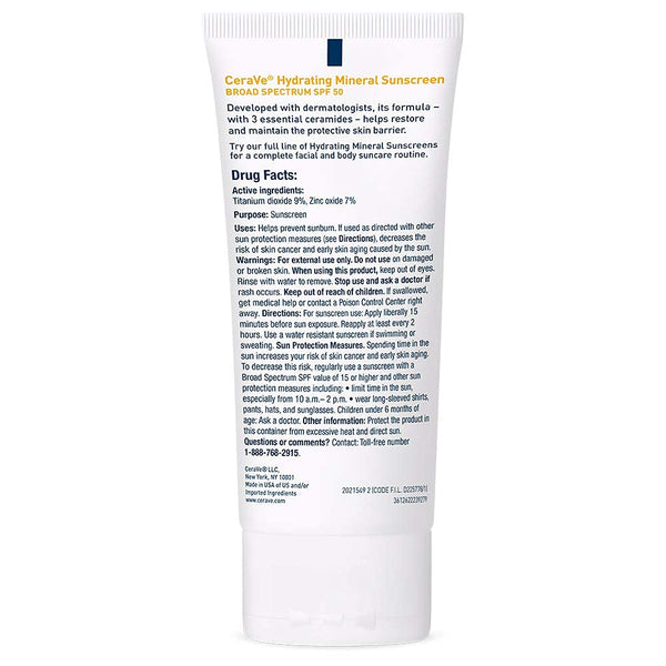 Cerave 100% Mineral Sunscreen SPF 50, Face Sunscreen with Zinc Oxide & Titanium Dioxide, Hyaluronic Acid + Niacinamide + Ceramides, Oil Free,