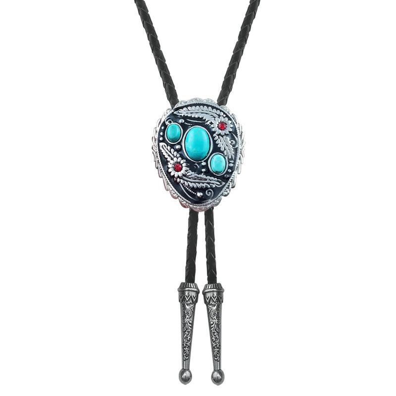 Vintage Native American Western Cowboy Blue Natural Turquoise Stone Bolo Tie Hand-woven Leather Bola Tie Necktie for Men
