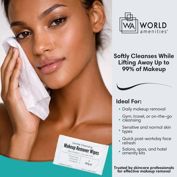 World Amenities - Makeup Remover Wipes - Alcohol Free - Vitamin E Face Wipes for Sensitive Skin Comfort - Individually Wrapped - Travel Friendly