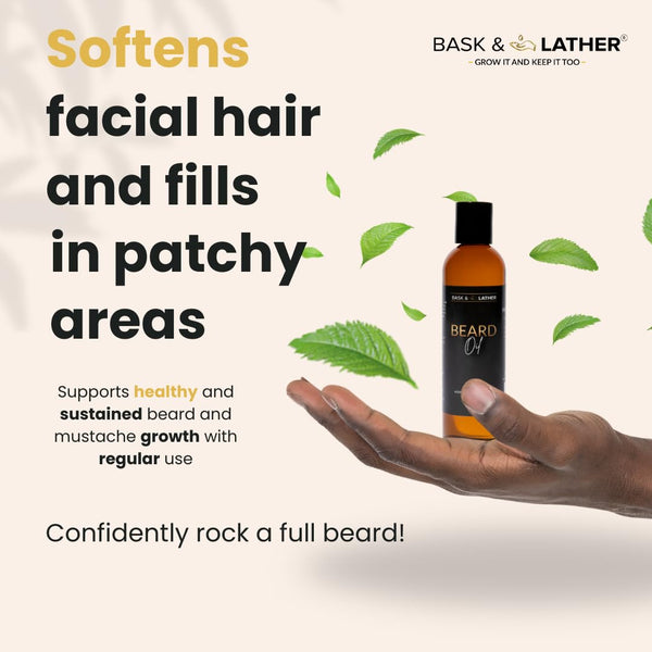 BASK & LATHER Beard Growth Oil, Frizz Free Hair Oil for Men Beard Care with Vitamins & Natural Ingredients to Hydrate, Smooth & Soften for Shiny,
