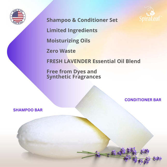 Spiraleaf Shampoo Bar & Conditioner Bar Set, FRESH LAVENDER Pure Essential Oils,