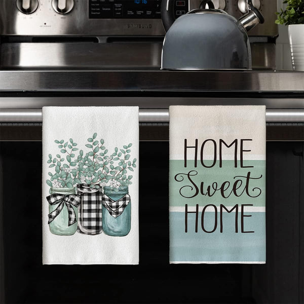 Artoid Mode Eucalyptus Buffalo Plaid Vase Home Sweet Home Kitchen Towels Dish Towels, 18X26 Inch Seasonal Decoration Hand Towels Set of 4