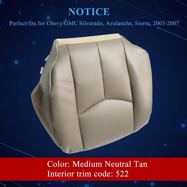 NLQR Front Driver Bottom Replacement Seat Cover Tan 522 & Foam Cushion Compatible with Chevy Silverado Avalanche GMC Sierra 2003 2004 2005 2006 2007