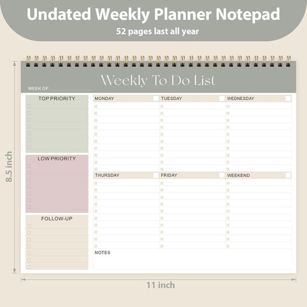 Weekly to Do List Notepad, Undated Planner with 52 Sheets (8.5''X11''), Desk Weekly Planner for Women & Man, Home School & Work-Green