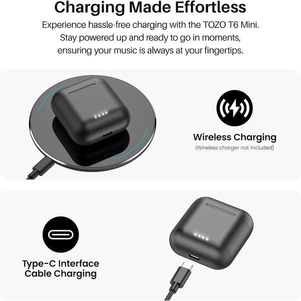 TOZO T6 True Wireless Earbuds Bluetooth 5.3 Headphones 50H Long Playtime, Wireless Charging Case, IPX8 Waterproof Stereo Earphones, Built-In Mic