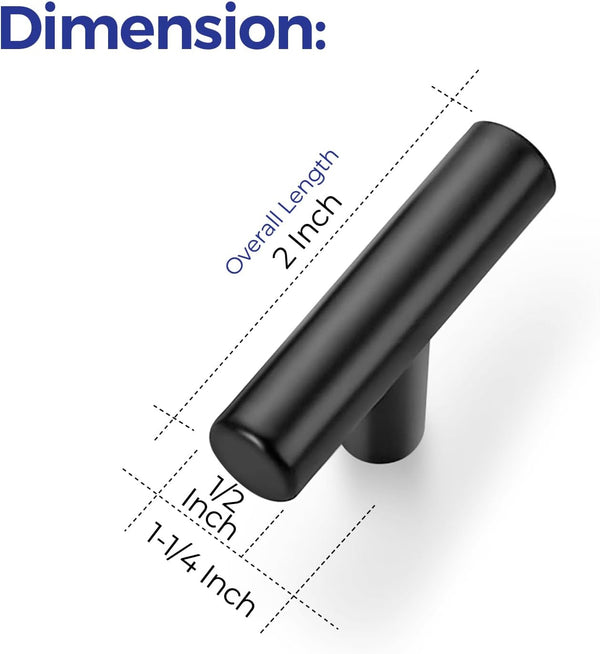 Ravinte Matte Black Cabinet Pulls Cabinet Handles Single Hole 10 Pack | 2 Inch Length, Stainless Steel, Round T Shape Bar, Modern Style, Kitchen