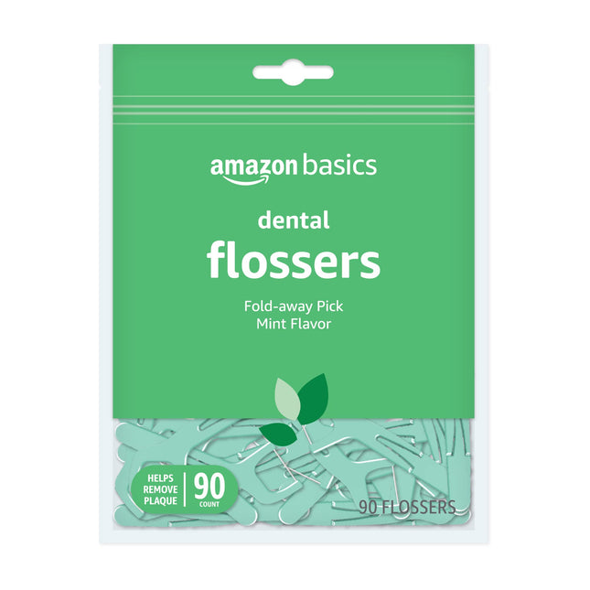 Amazon Basics Mint Dental Flossers, Shred Resistant, Slides Easily Between Teeth, with Fold-Away Pick, 90 Count, 1-Pack (Previously Solimo) 90