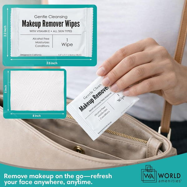 World Amenities - Makeup Remover Wipes - Alcohol Free - Vitamin E Face Wipes for Sensitive Skin Comfort - Individually Wrapped - Travel Friendly