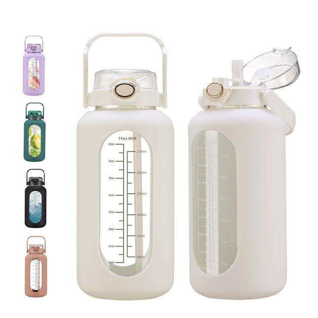 74 Oz Glass Water Bolttles with Straw Large Motivational Water Bottle with Time Marker Sports Water Bottles with Silicon