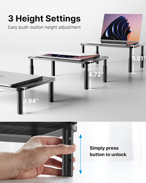 HUANUO Monitor Stand, Monitor Stand Riser 3 Height Adjustable, Monitor Riser with Airflow Vents, Laptop Stand for Desk, Laptop Riser, Desk