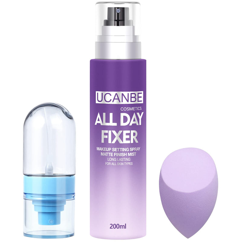 Long Lasting Makeup Setting Spray Kit- 6.76 Fl oz Hydrating Matte Finish Mist Lightweight Face Make up Fixer +Travel Size Spray Bottle+Sponge Puff