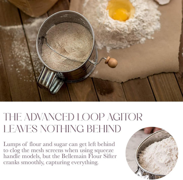 Bellemain 3 Cup Flour Sifter for Baking Fine Mesh Rotary Hand Crank with Loop Agitator for Quick Sifting, Flour Sifter Stainless Steel