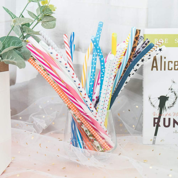 50 Pack Bent Reusable Straws, BPA-Free, 9" Colorful Hard Plastic Stripe Drinking Straw for Mason Jar Tumbler, Family or Party Use With Cleaning