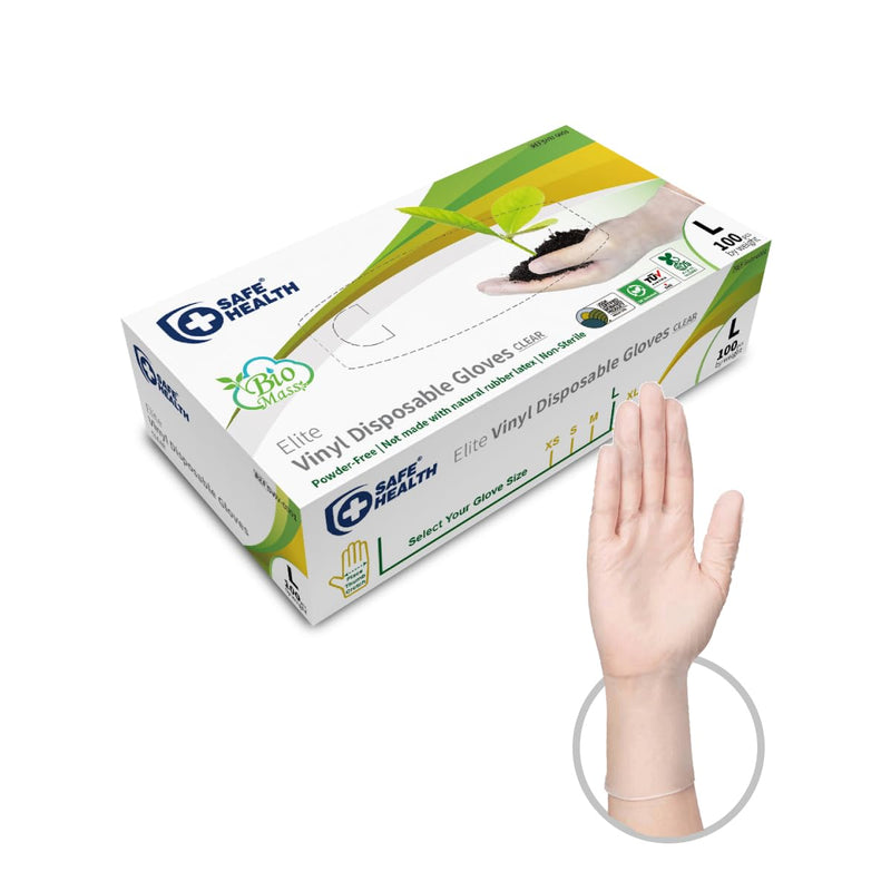 Safe Health Biomass Eco-Friendly Vinyl Disposable Gloves, USDA Certified Biobased Product, Latex Free, Powder Free, Clear, Box of 100, Large, 3