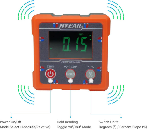 NYEAR Digital Electronic Angle Gauge (Type-C Rechargeable), Four Sided Strong Magnet, IP67 Waterproof Rating, Measures 0-90 and 0-180 Degree