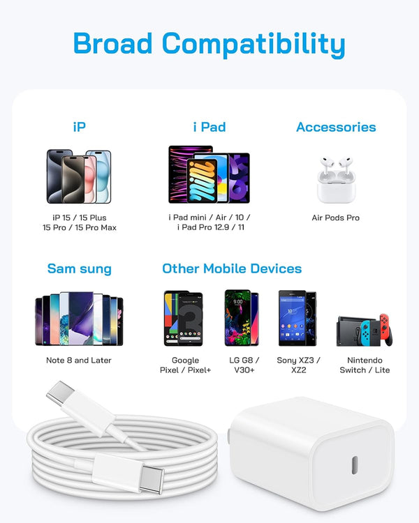 I Phone 16 15 Charger Fast Charging - 20W PD Fast Charger Block with 6Ft USB C Cable for I Phone 16/15 Series, I Pad Pro/Air/Mini, Galaxy S23,