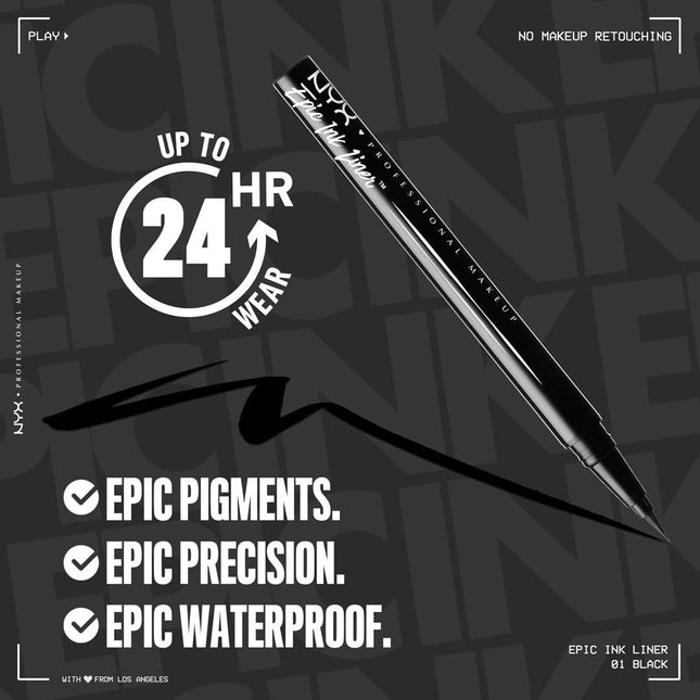 NYX PROFESSIONAL MAKEUP Epic Ink Liner, Waterproof Liquid Eyeliner - Black, Vega