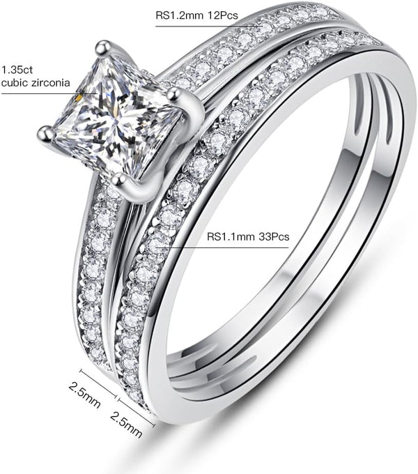 AVECON 1.35ct Princess Cut Engagement Ring 925 Sterling Silver Wedding Band Set for Women Cubic Zirconia Bridal Sets Size 5-10 Silver 8