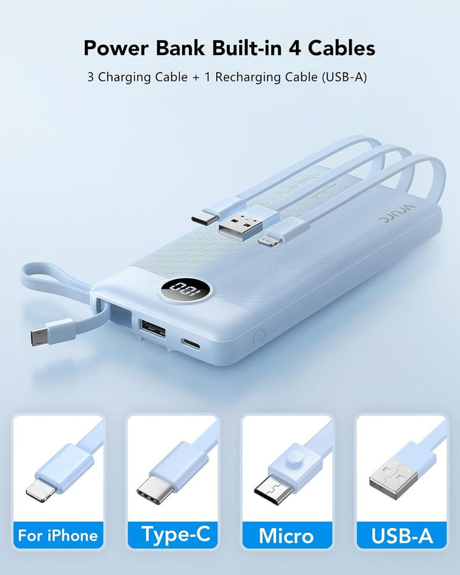 VRURC 10000Mah Power Bank Built-In Cables, Portable Charger with LED Display, Slim Travel Battery Pack with Cords, 5 Out