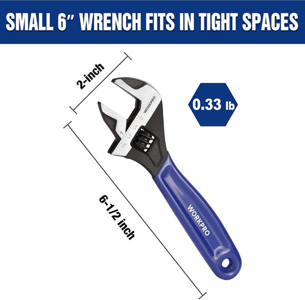 WORKPRO 6-Inch Adjustable Wrench, Cr-V Steel Wrench, Wide Jaw Black Oxide Wrench, Metric & SAE Scales, for Home, Garage, Workshop and DIY
