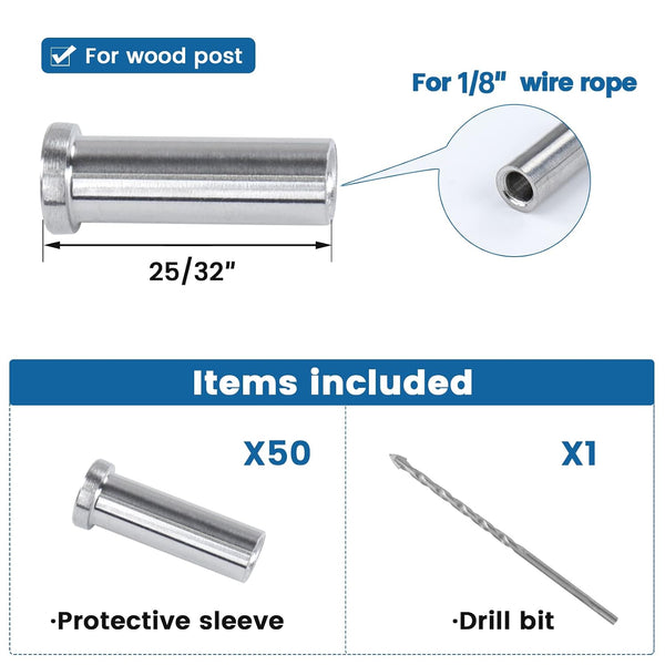 Muzata 50Pack Cable Railing Level Protector Sleeve for Wood Post CR13 | Deck Cable Railing Hardware for OD 1/8" Wire Rope, ONLY for Wood Post on
